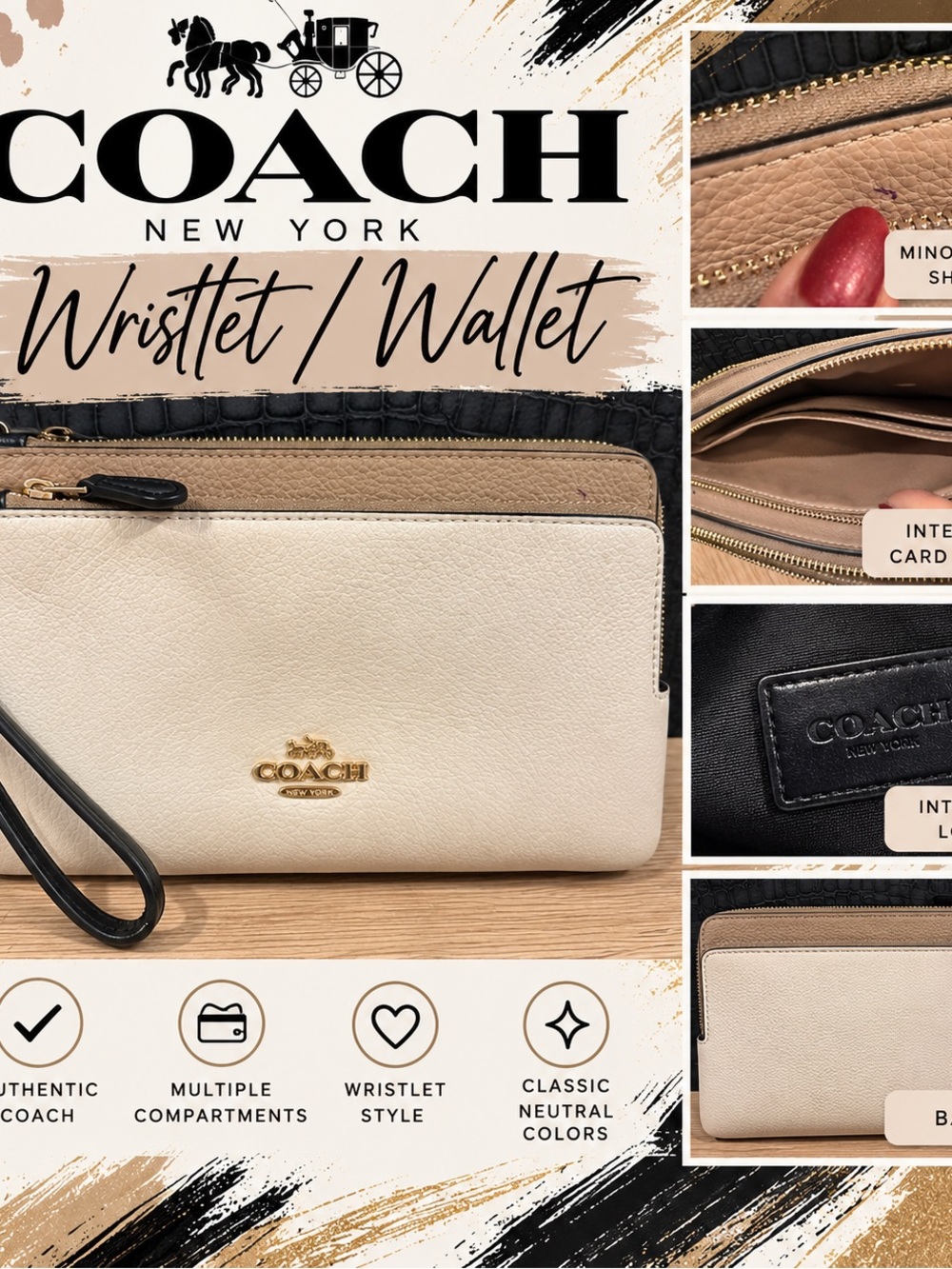 Coach Cream and Tan Wristlet Clutch with Black Strap